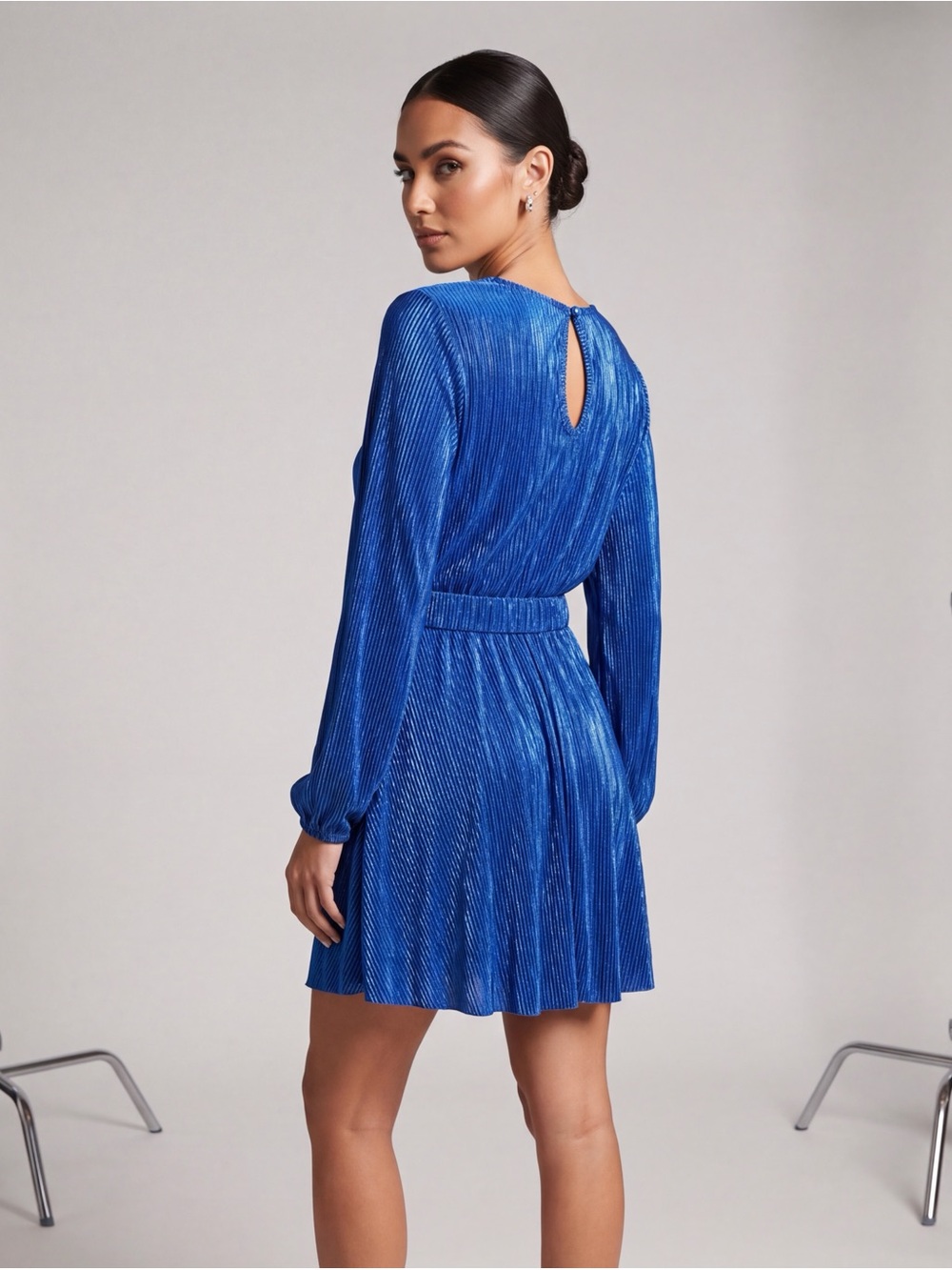 Women’s Long Sleeve Belted Velvet-Look Dress in Cobalt Blue Size M